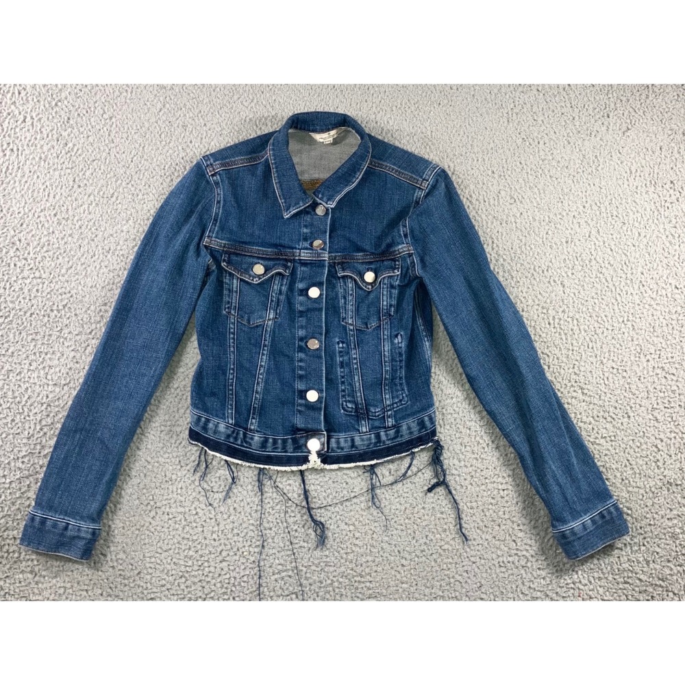 French Connection Denim Jacket Women 0 XS Frayed Hem Medium Wash Trucker Edgy